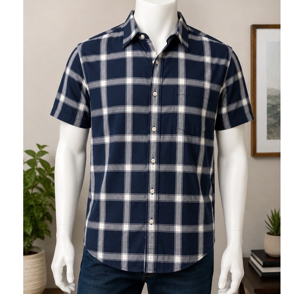 Amazon Essentials Mens Button‎ Down Shirt Navy White Plaid Short Sleeve M